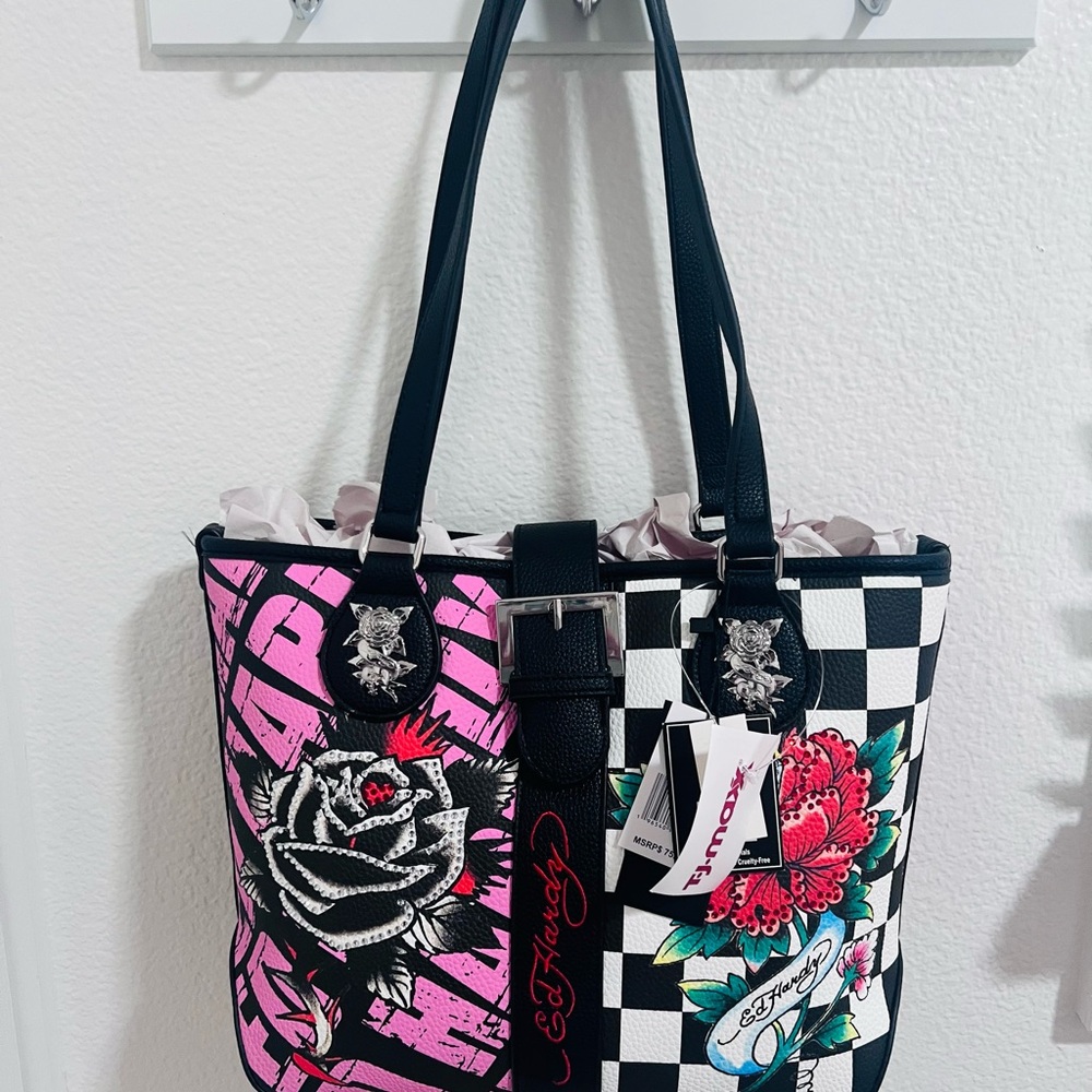 Ed Hardy Black and Pink Checkered Tote
